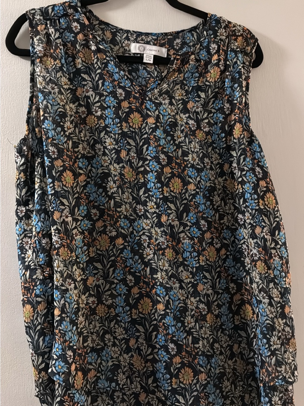 Cristina B Floral V-Neck Sleeveless Top - Black, Blue, Tan